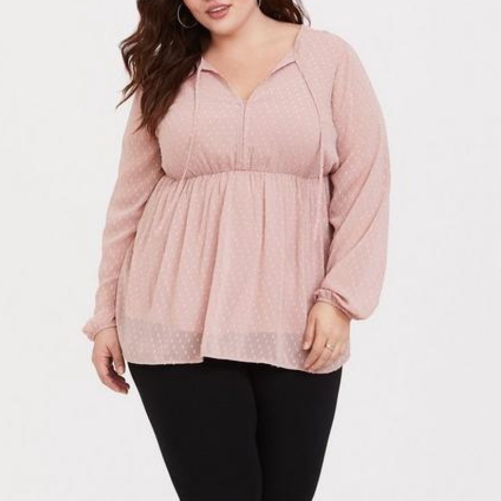 Torrid Blush Clip Dot Tie Babydoll Long Sleeve Blouse Size 2X